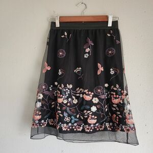 Embroidered Floral Mesh Midi Skirt S Black Sheer Overlay Boho Whimsigoth Gothic